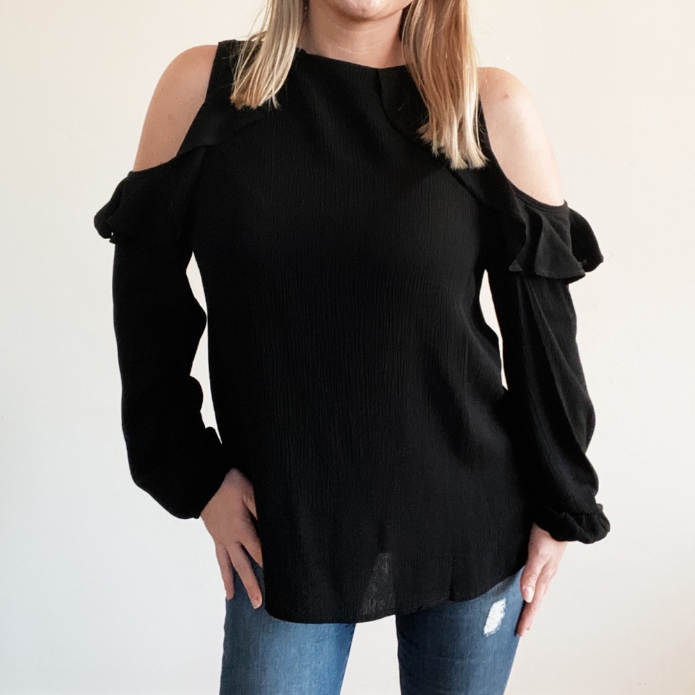 Black Cold Shoulder Ruffle Top